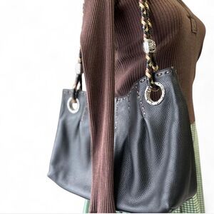 BRIGHTON Black Pebbled Leather Slouchy Hobo Bag Braided Strap Boho Silver-tone